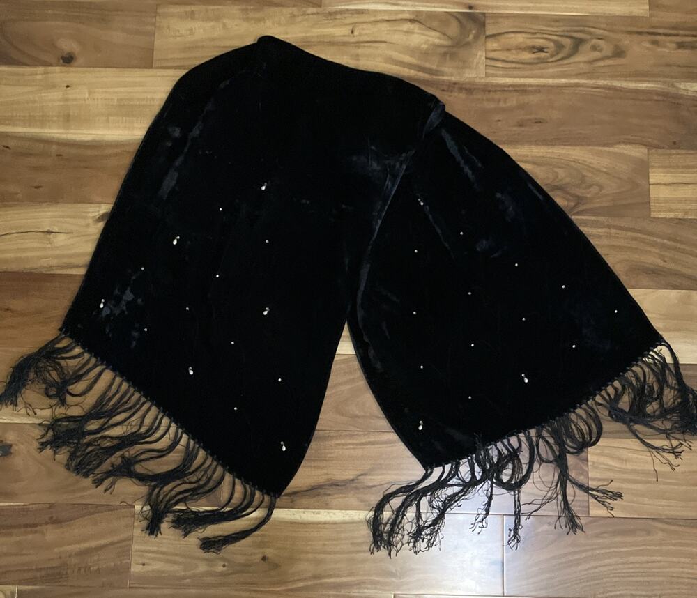 1940s Black Velvet Fringe Shawl Rhinestone Art Deco Wrap Elegant Vintage Silky